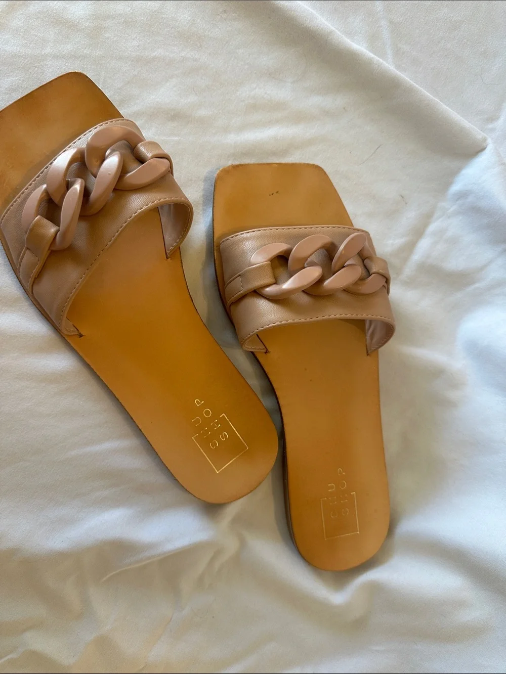 ShuShop Tan Chain-Accent Slide Sandals - Women